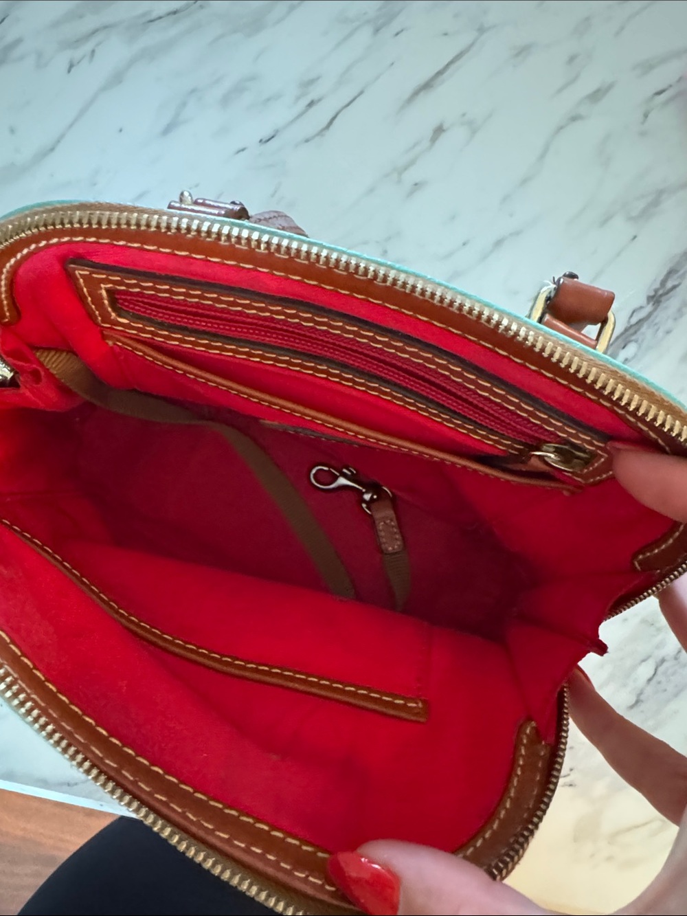 Dooney & Bourke Turquoise and Brown Pebble Leather Mini Satchel - Picture 2 of 9